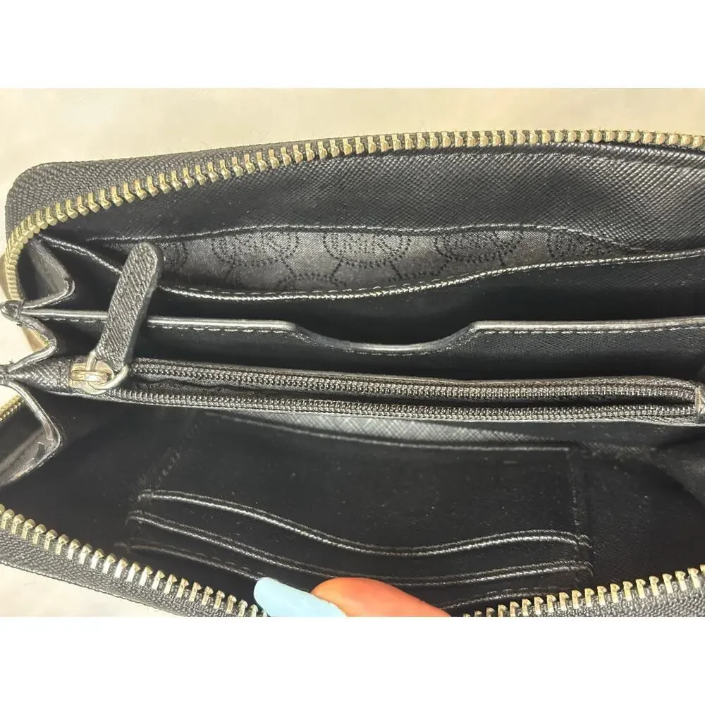 Michael Kors Black Saffiano Zip Around Wallet Silver Logo Plate Continental